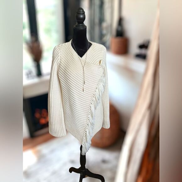 ANTHROPOLOGIE Lisa Z Knit Fringe Wrap-around Poncho Cardigan Sweater Wool Size M - Picture 2 of 16